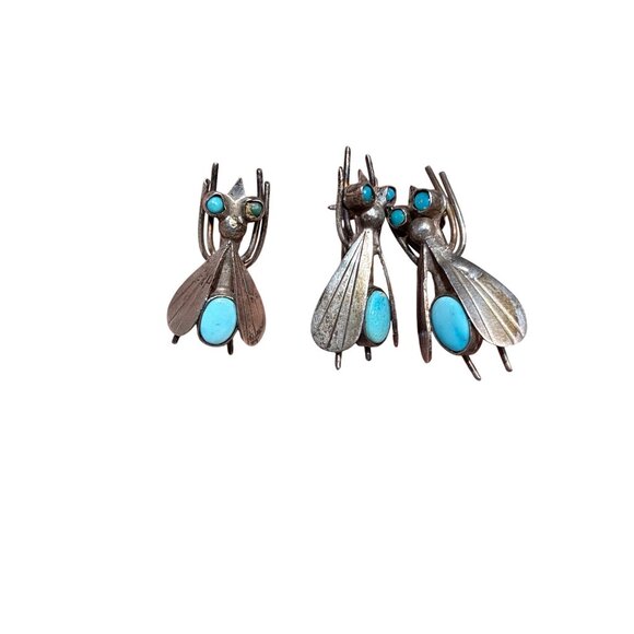 Rare Vintage Sterling Silver Fly Brooch Set Turquoise Eyes & Body Handmade Insec - Picture 7 of 7